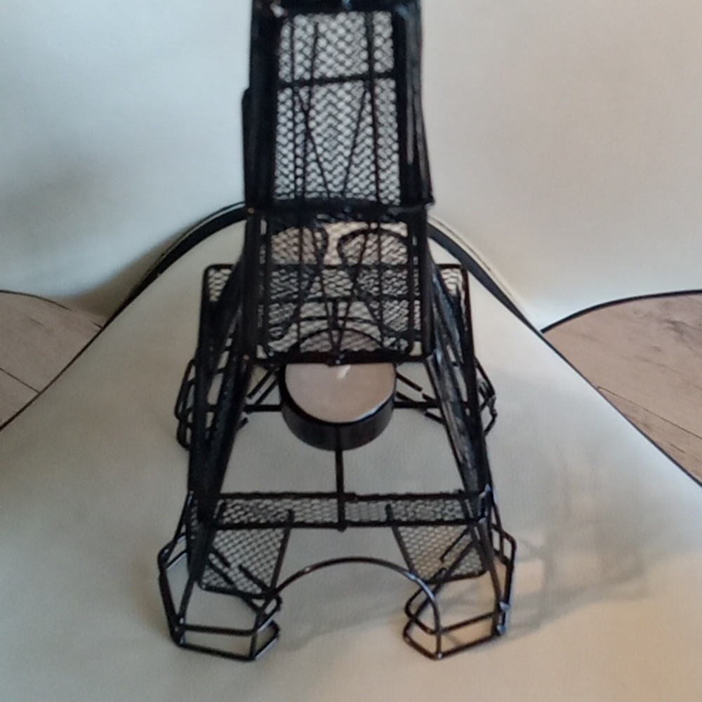 Black Eiffel Tower Wire Art Sculpture With Candle Holder - Picture 2 of 3